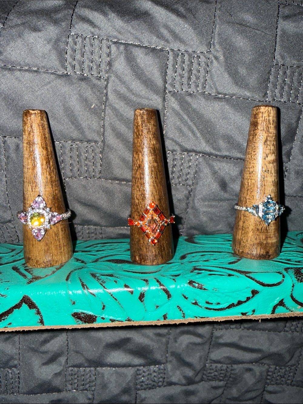 Trio of Crystal Diamond-Shape Fashion Rings - Pink, Orange & Blue
